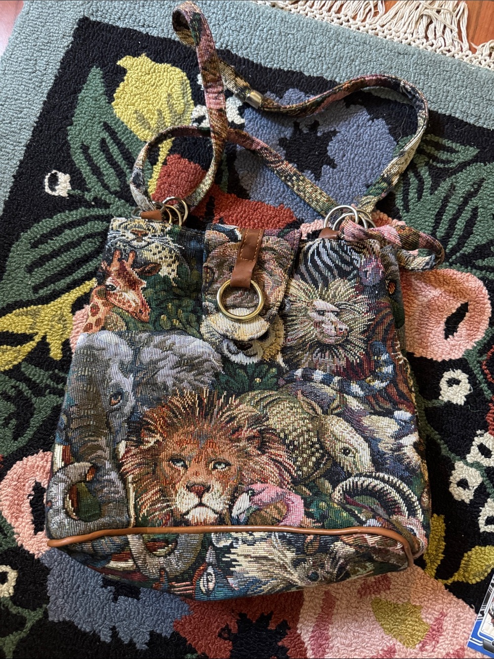 vintage safari animal tapestry shoulder bag featuring a woven jungle motif